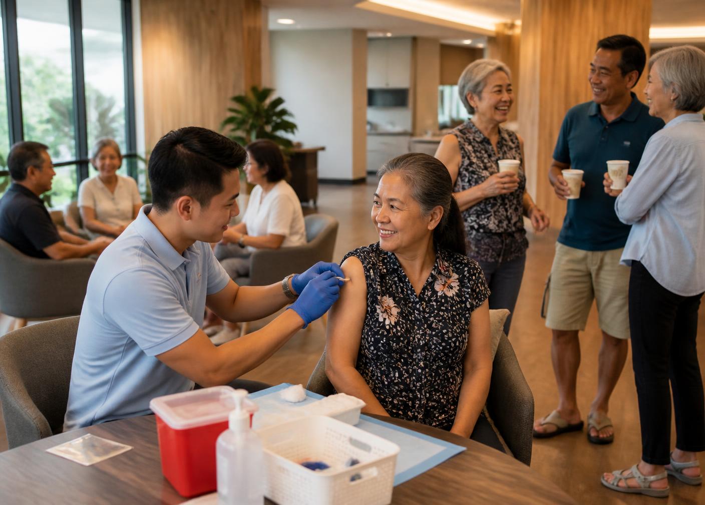 Residents receiving flu shots and chatting over coffee at a condo clubhouse wellness day